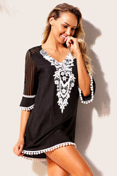 Black Crochet Pom Pom Trim Beach Tunic Cover up